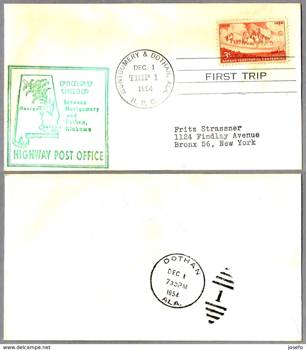 FIRST TRIP Highway Post Office: MONTGOMERY & DOTHAN, Alabama, 1 Diciembre 1954 - Correo Postal