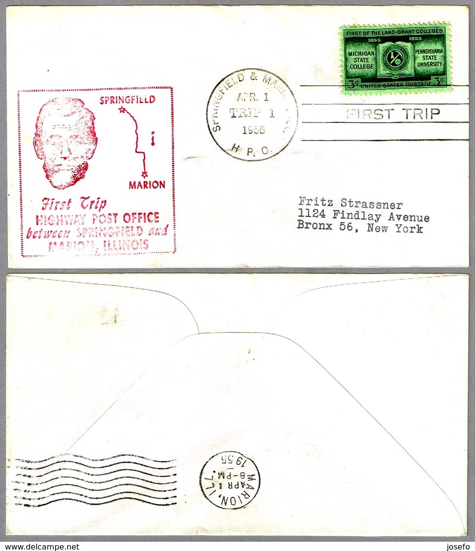 FIRST TRIP Highway Post Office: SPRINGFIELD & MARION, Illinois, 1 Abril 1955 - Correo Postal