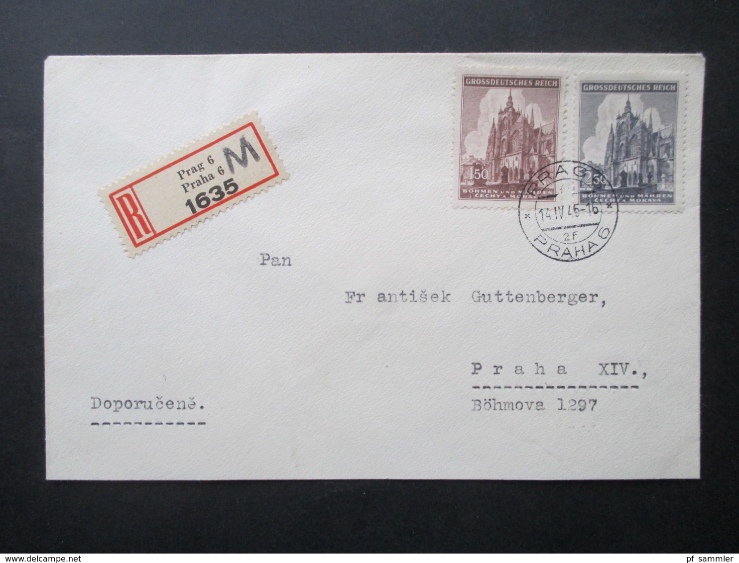 Böhmen Und Mähren Nr. 140 /141 Satzbrief Kurz Vor Ende Des 2.WK 14.4.1945 Einschreiben Ortsbrief Zweisprachiger R-Zettel - Briefe U. Dokumente
