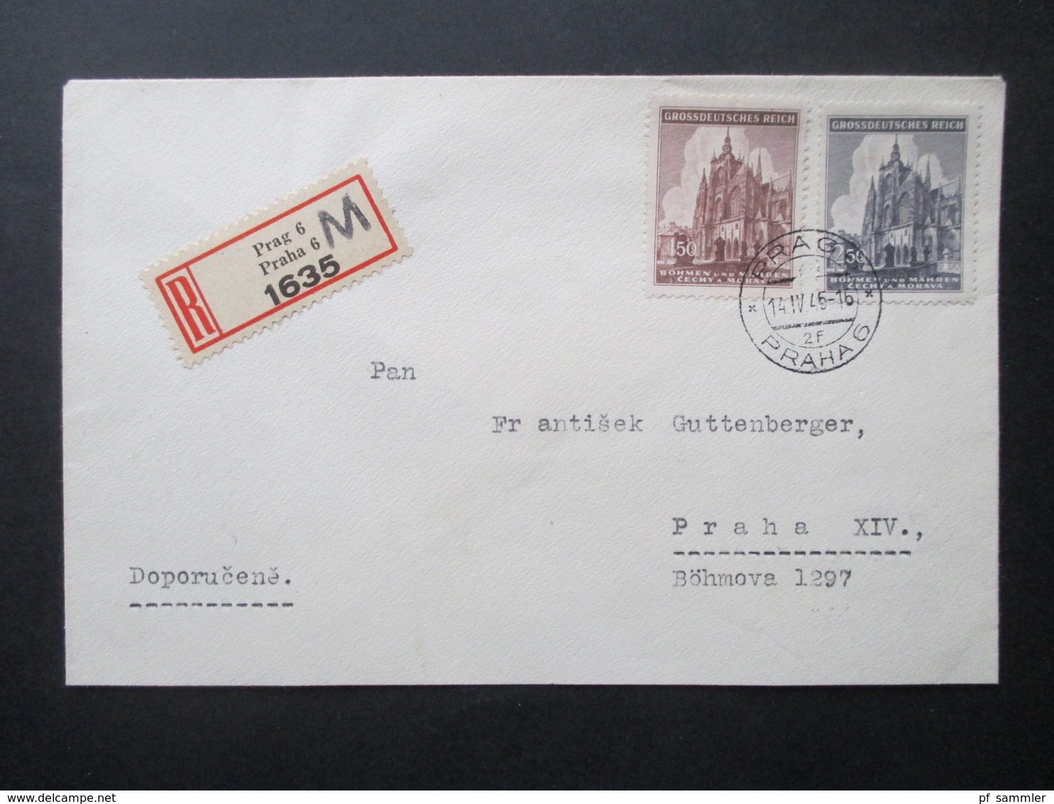 Böhmen Und Mähren Nr. 140 /141 Satzbrief Kurz Vor Ende Des 2.WK 14.4.1945 Einschreiben Ortsbrief Zweisprachiger R-Zettel - Storia Postale