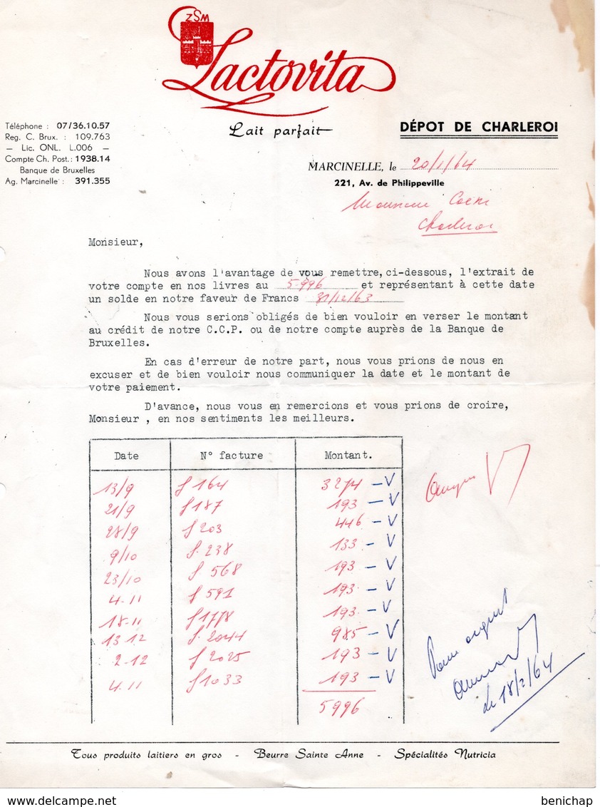 LACTOVITA - LAIT PARFAIT - TOUT PRODUITS LAITIERS EN GROS - MARCINELLE  20 JANVIER 1964. - Alimentare