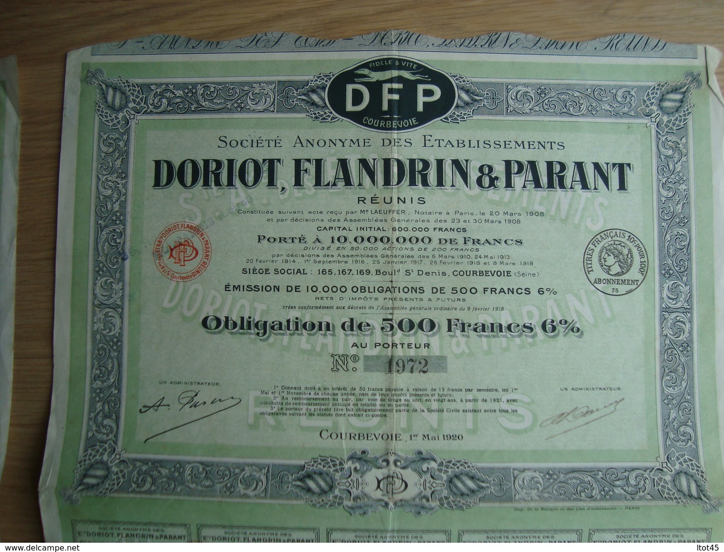 LOT DE 2 ACTIONS DE 500 FRANCS DORIOT FLANDRIN & PARTANT COURBEVOIE 1920 - Cars