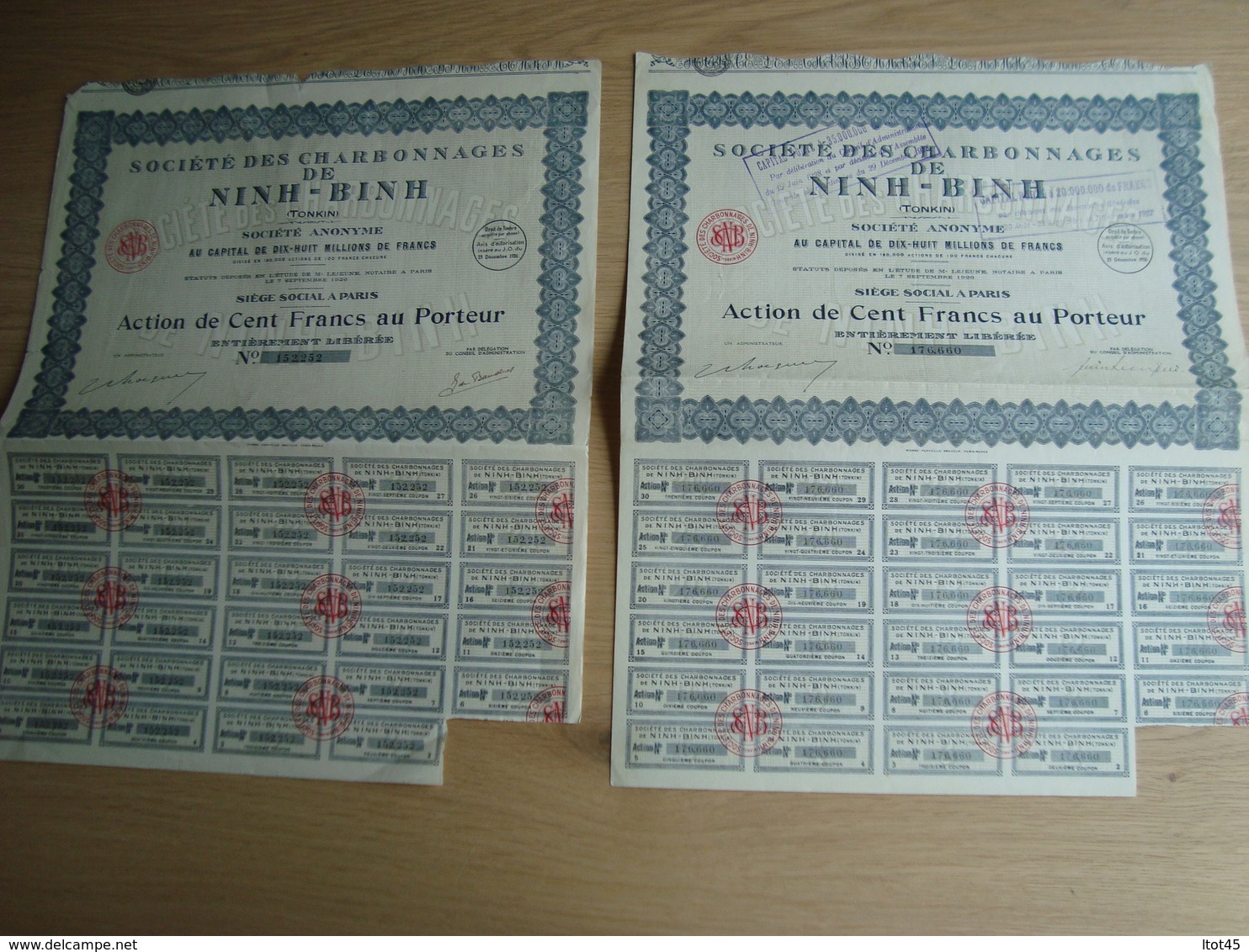 LOT DE 2 ACTIONS DE 100 FRANCS SOCIETE DES CHARBINNAGES DE NINH-BINH  TONKIN - Asia