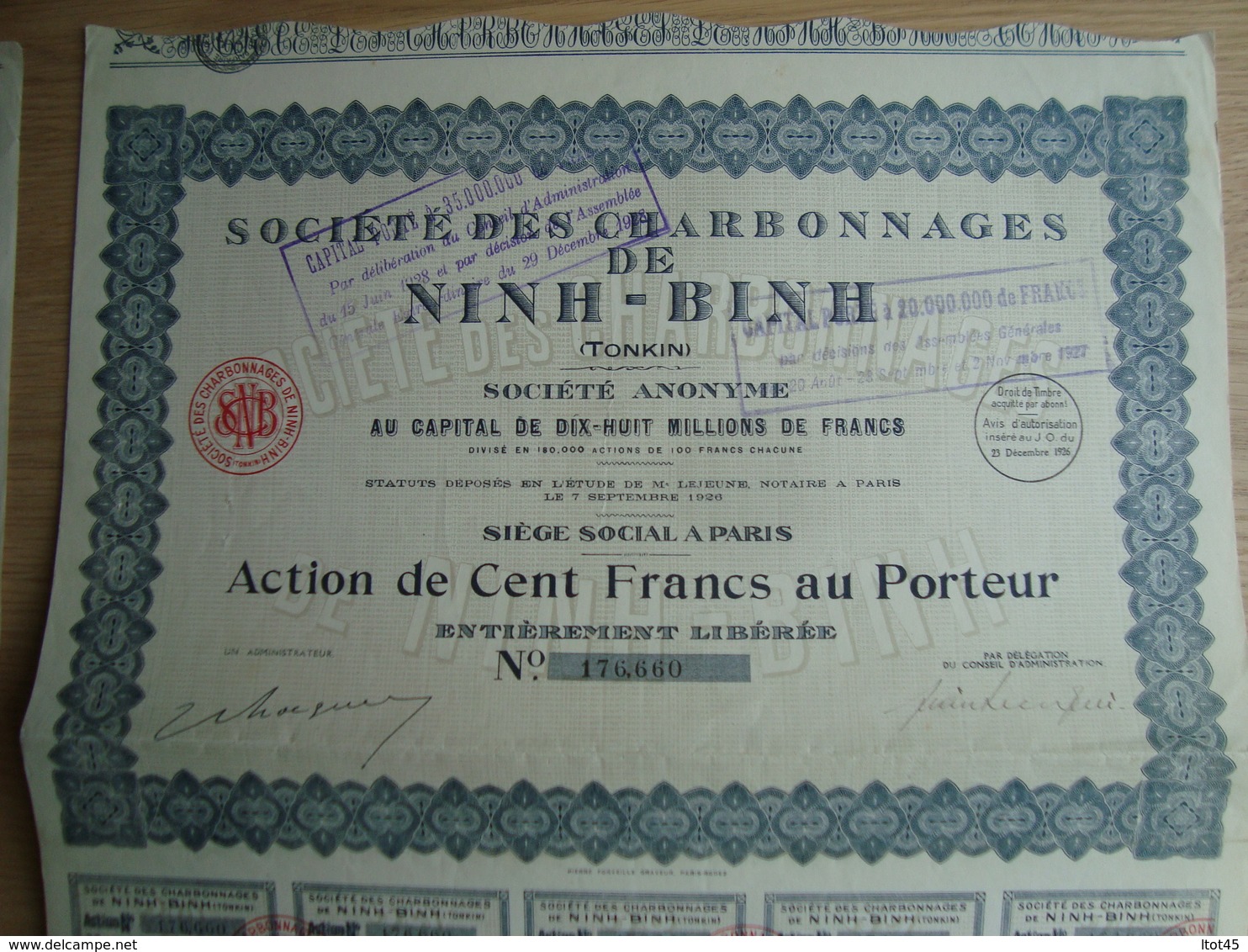 LOT DE 2 ACTIONS DE 100 FRANCS SOCIETE DES CHARBINNAGES DE NINH-BINH  TONKIN - Asien