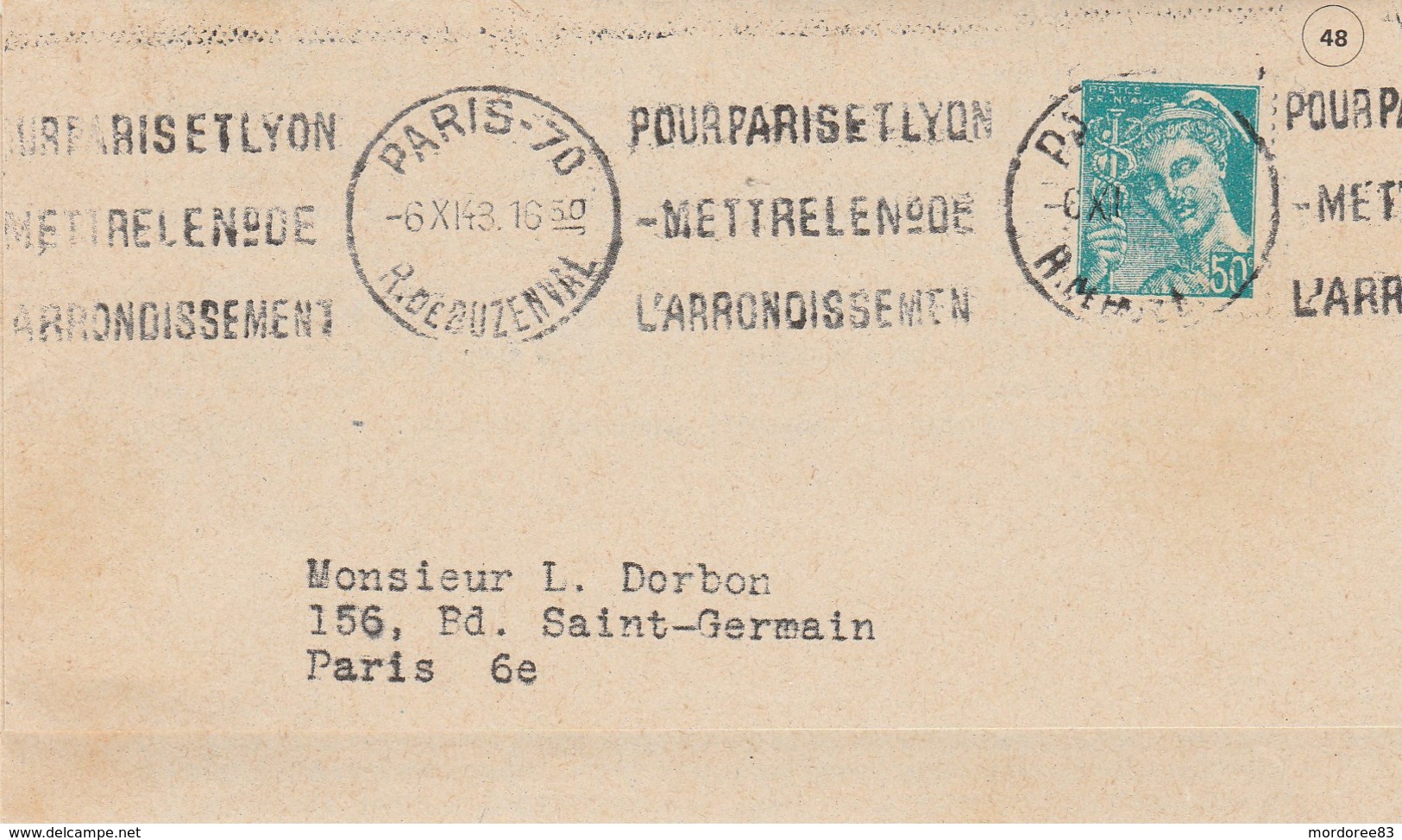 PSEUDO ENTIER POSTAL MERCURE 50c BLEU TURQUOISE SUR IMPRIME LE SALUT PUBLIC N° 7 D’OCTOBRE 1943 - Privatganzsachen