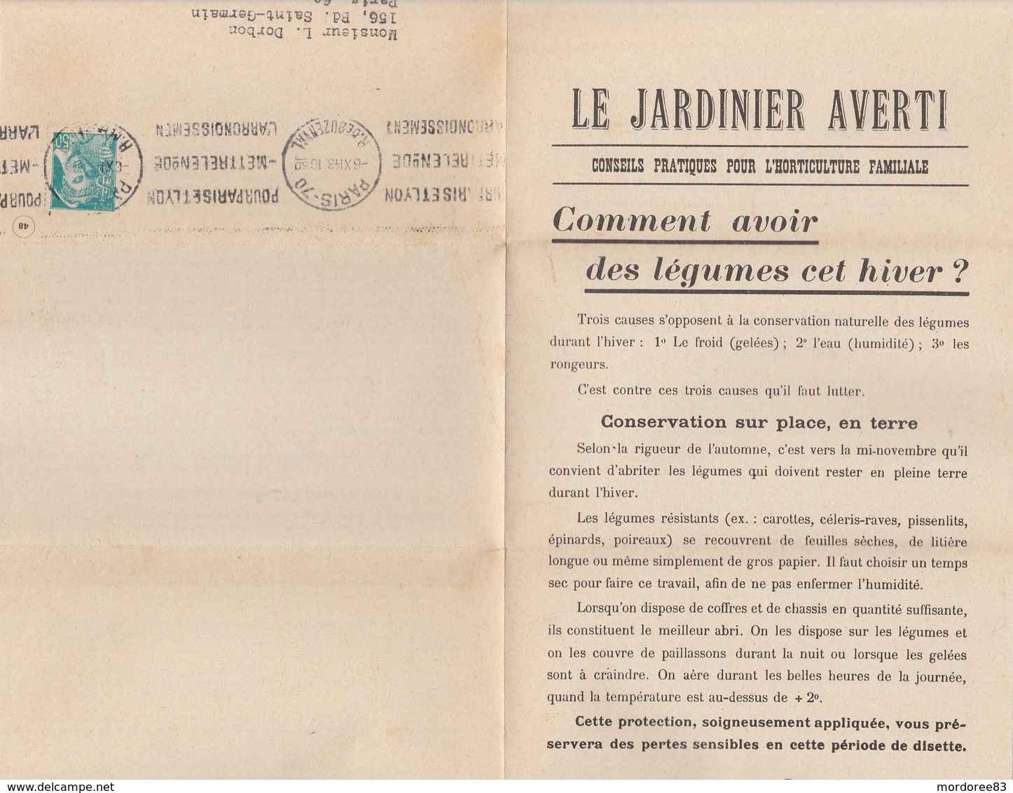 PSEUDO ENTIER POSTAL MERCURE 50c BLEU TURQUOISE SUR IMPRIME LE SALUT PUBLIC N° 7 D’OCTOBRE 1943 - Enteros Privados