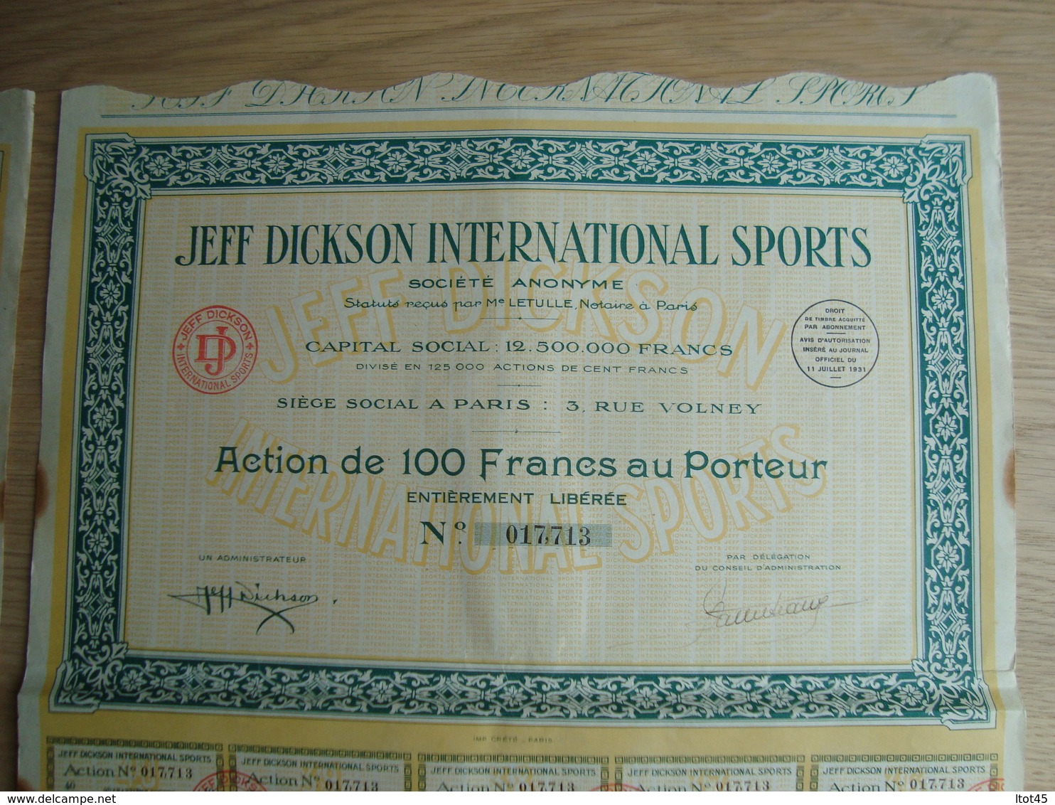 LOT DE 2 ACTIONS DE 100 FRANCS JEFF DICKSON INTERNATIONAL SPORTS - Deportes