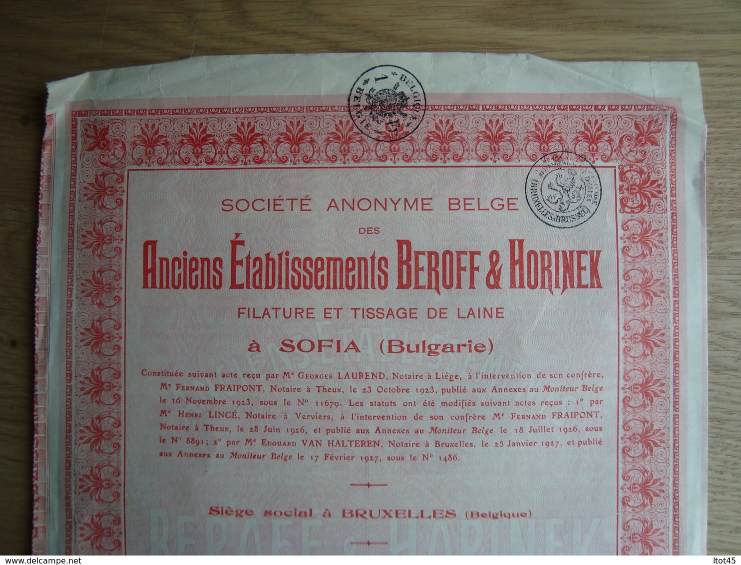 ACTION DE 250 FRANCS ANCIENS ETABLISSEMENTS BEROFF & HORINEK - Textile