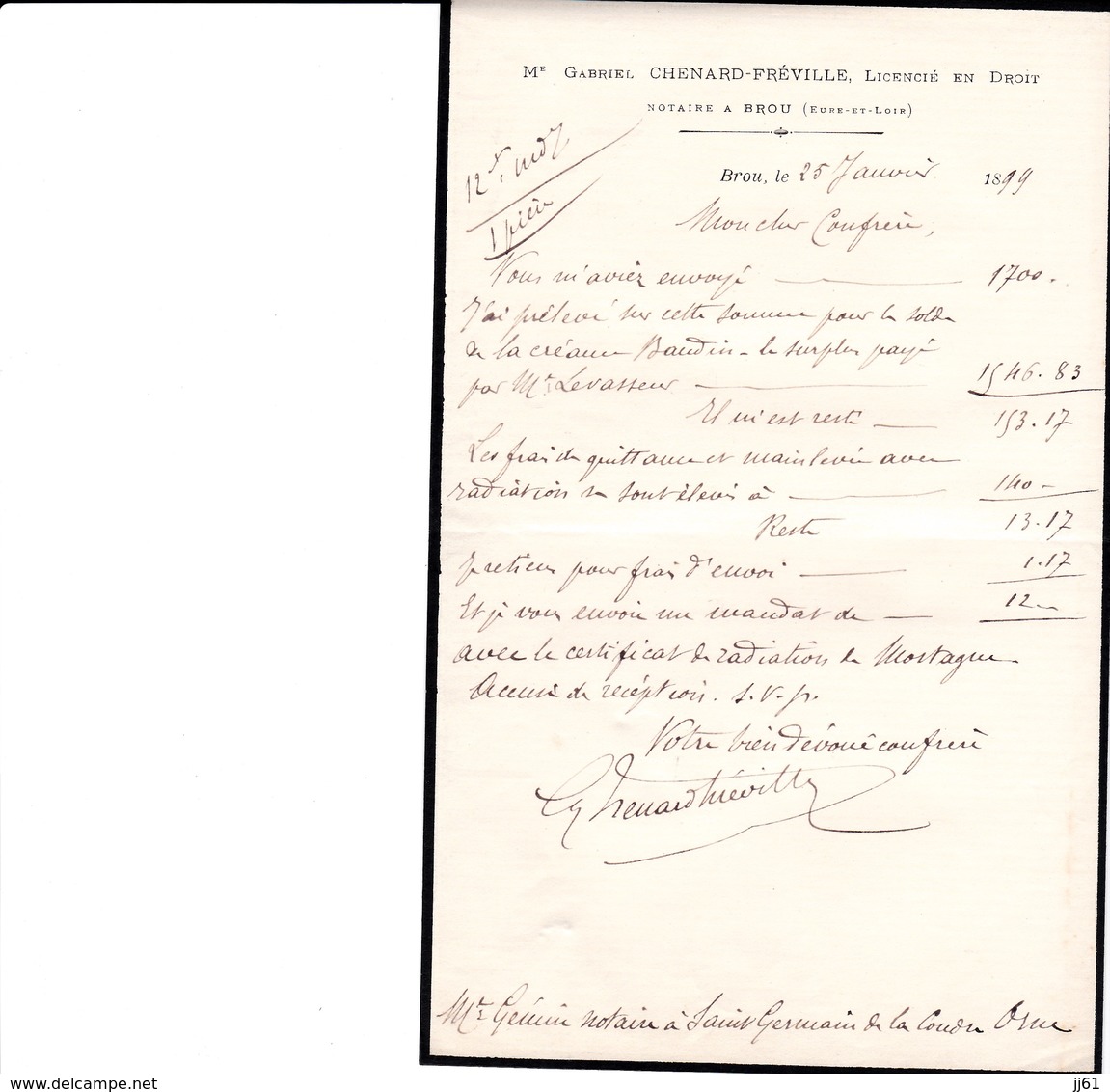 BROU GABRIEL CHENARD FREVILLE LICENCIE EN DROIT NOTAIRE ANNEE 1899 - Autres & Non Classés
