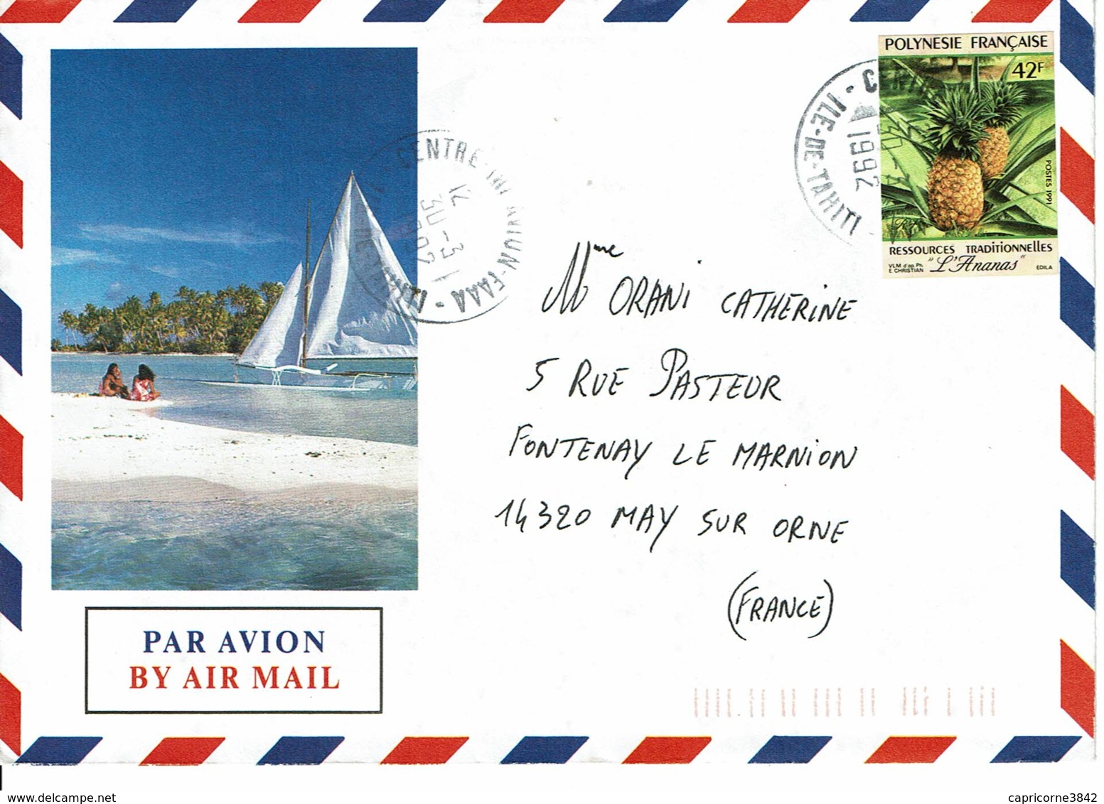 1992 - Polynésie Fse - Ile De TAHITI - Cachet "CENTRE TRI AVION FAAA" Sur  Tp N° 374 - L'Ananas (non Dentelé - Adhésif) - Polynésie Française