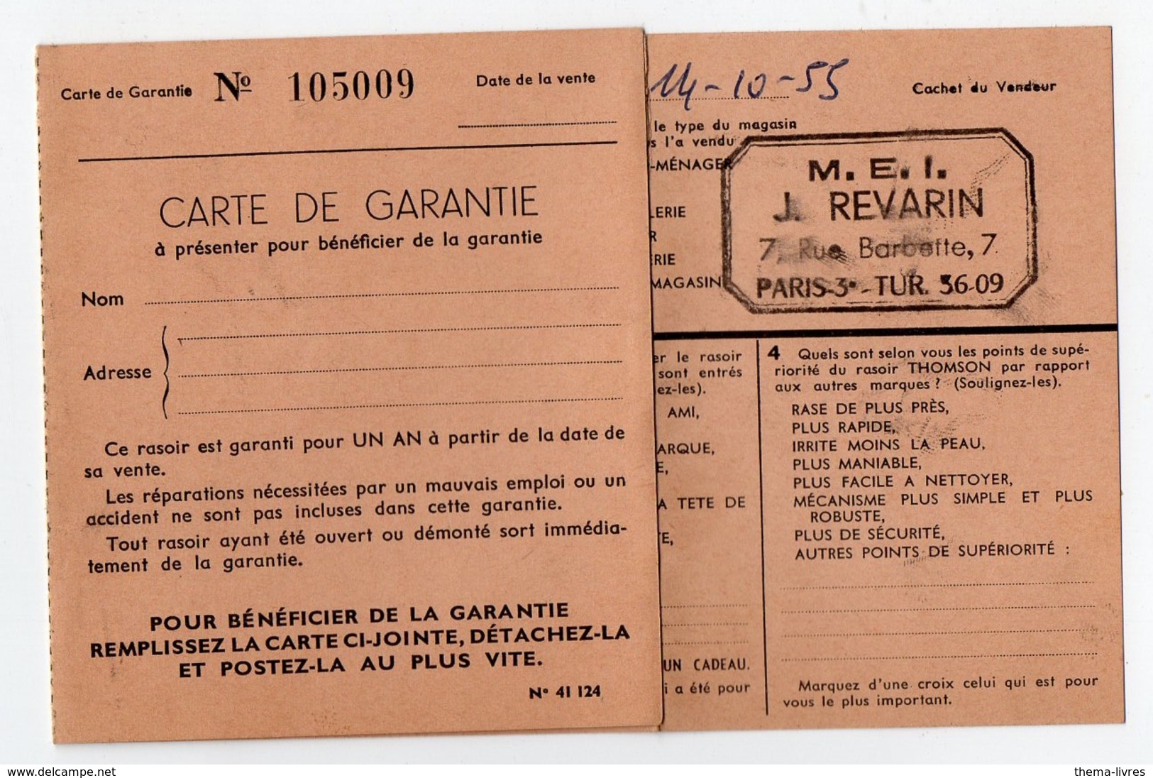 Mode D'emploi RASOIR THOMSON  Et Son Certificat De Garantie 1955 (PPP21763) - Advertising