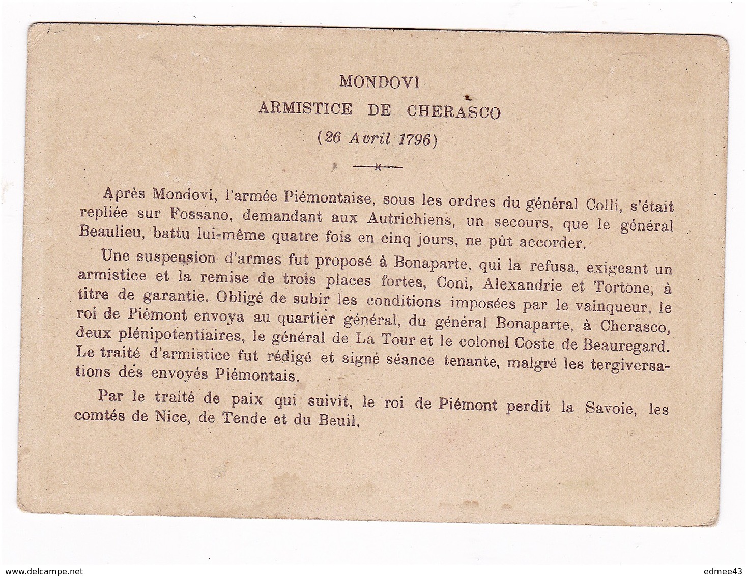 Jolie Chromo Non Publicitaire Belle Époque, Armistice De Cherasco, 1796, N°48 - Autres & Non Classés