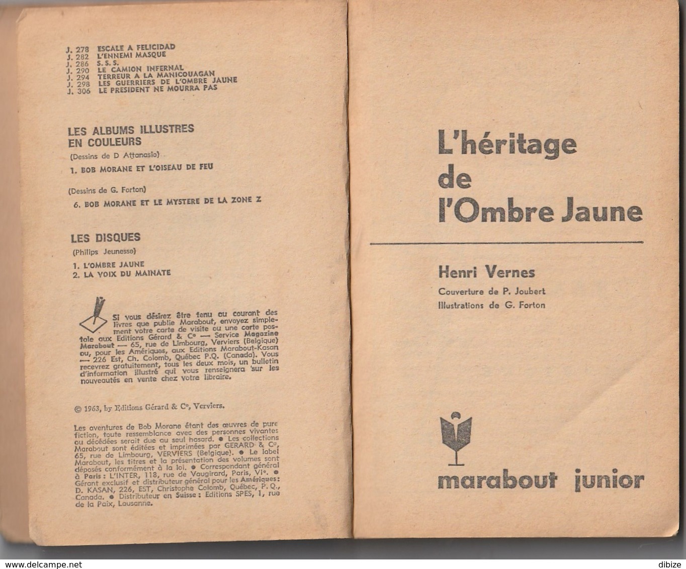 Roman. Henri Vernes. Bob Morane  L'héritage De L'ombre Jaune. N°  262. Année 1963. - Belgische Schrijvers