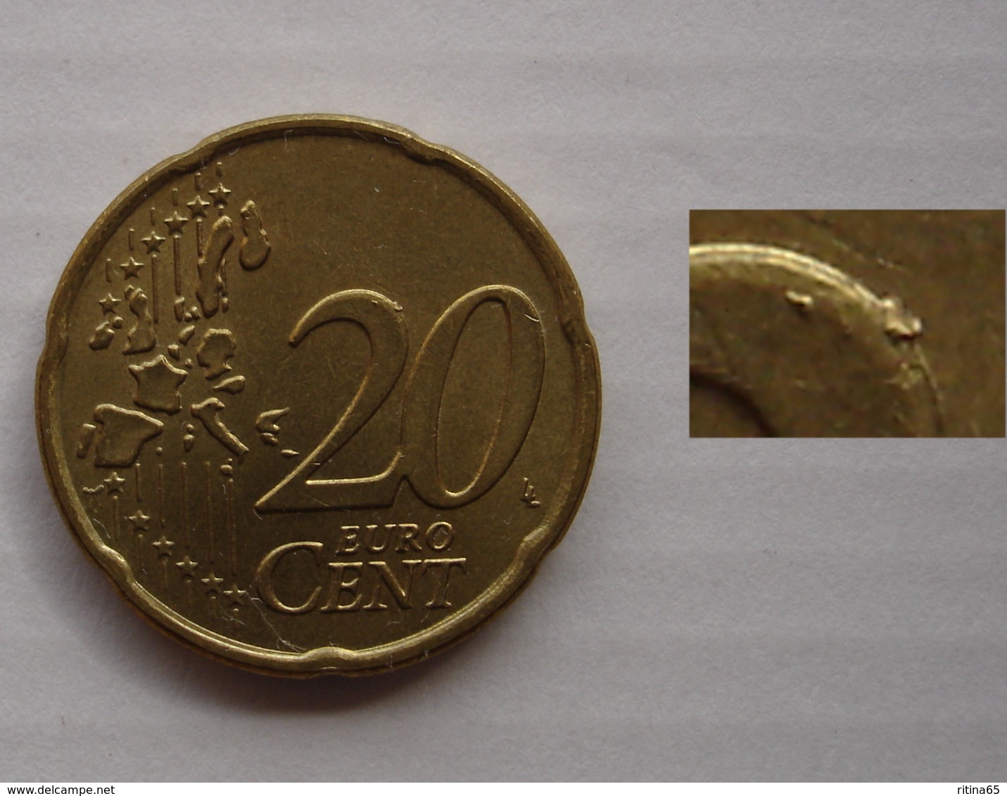 N. 79 ERRORE EURO !!! 20 CT. 2002 GRECIA ESCRESCENZA DI METALLO SUL VALORE !!! - Variëteiten En Curiosa