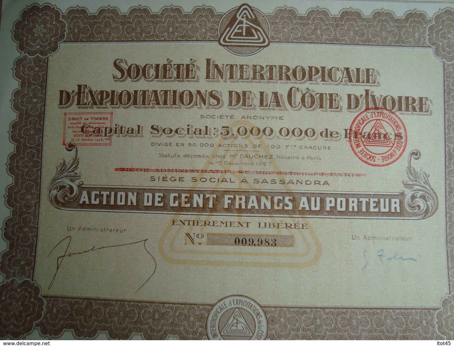 ACTION  100 FRANCS SOCIETE INTERTROPICALE D'EXPLOITATION DE LA CÔTE D'IVOIRE - Afrique