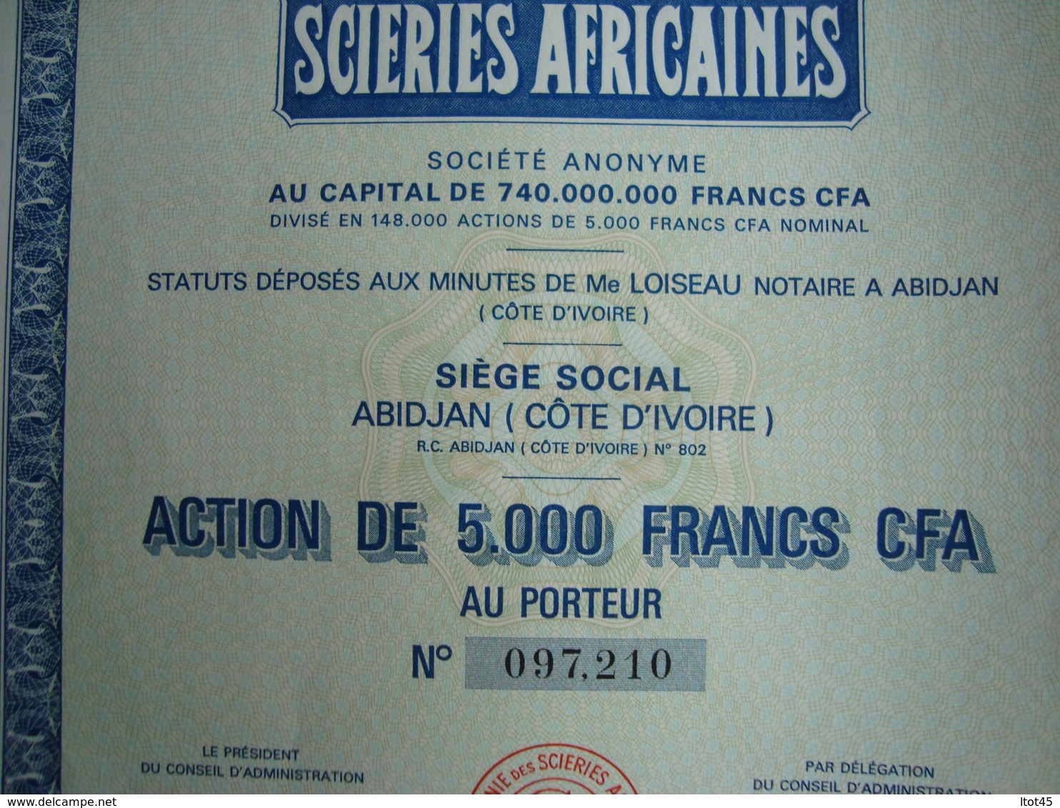 ACTION 5000 FRANCS CFA COMPAGNIE DES SCIERIES AFRICAINES - Afrique