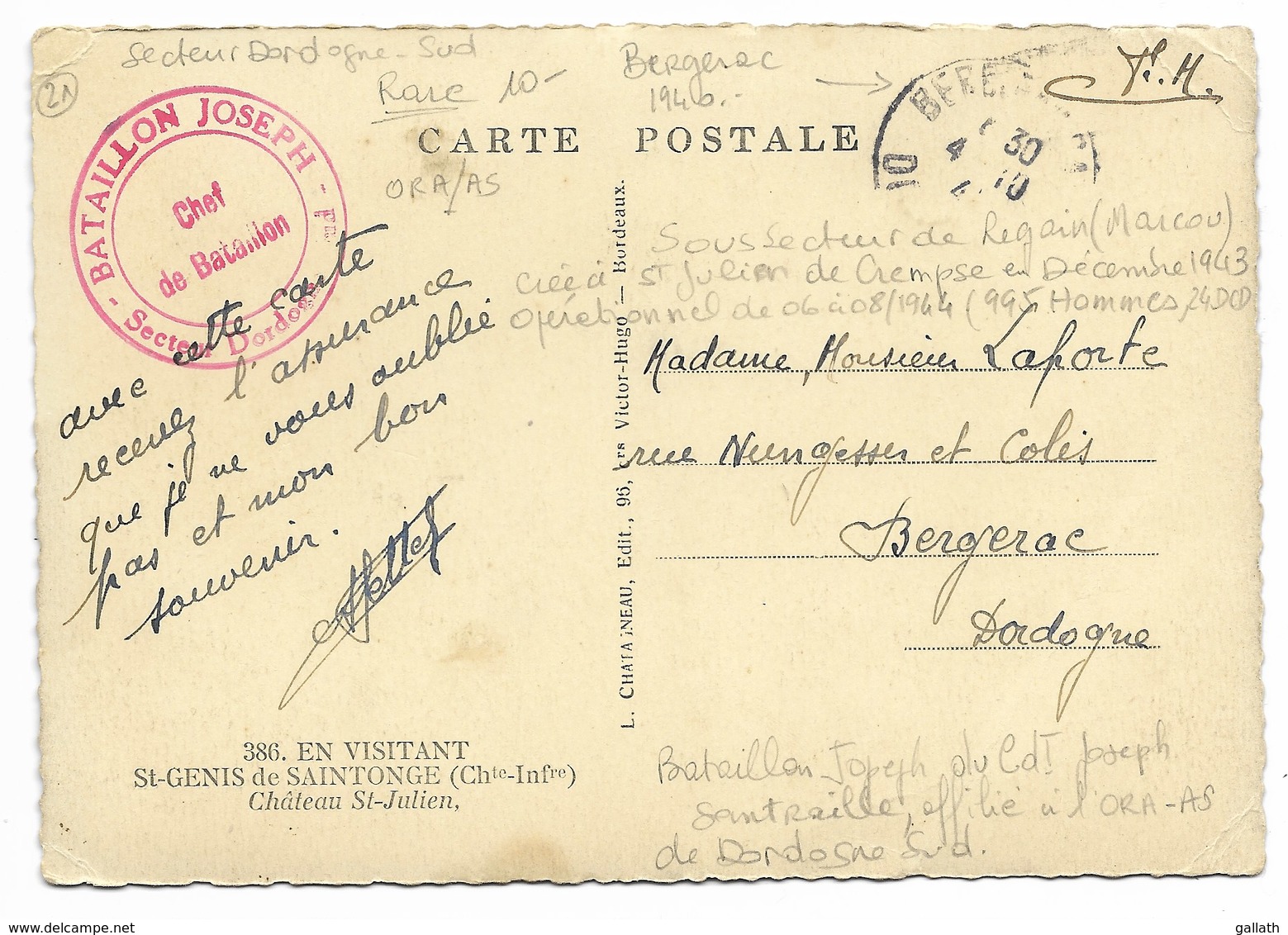 BATAILLON JOSEPH-Secteur Dordogne Sud-...Bergerac 194?  Sur Carte  Résistance RARE (voir Annotations Verso Carte) - Guerra Del 1939-45