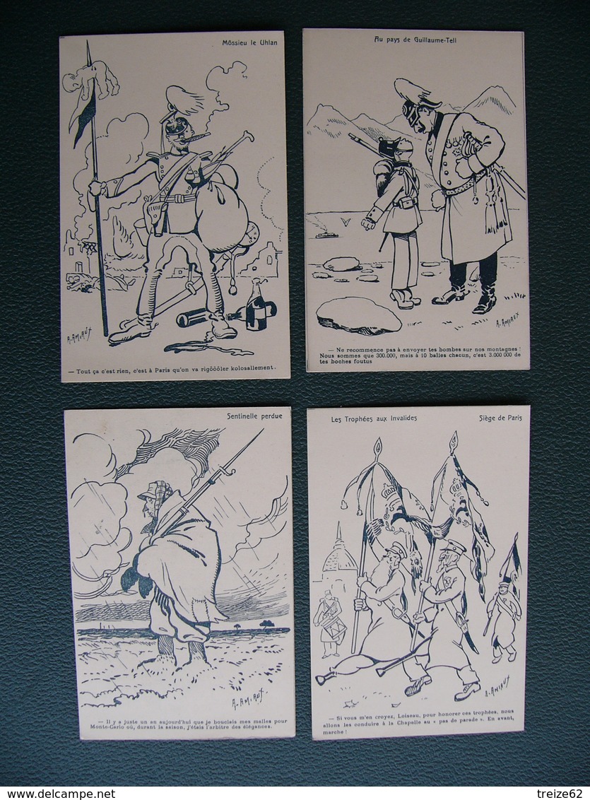 Pochette complète de 21 CPA  Illustrations A. AMIAUX  GUERRE DE 1914  Satiriques, Guillaume,... . + souvenir de l'auteur