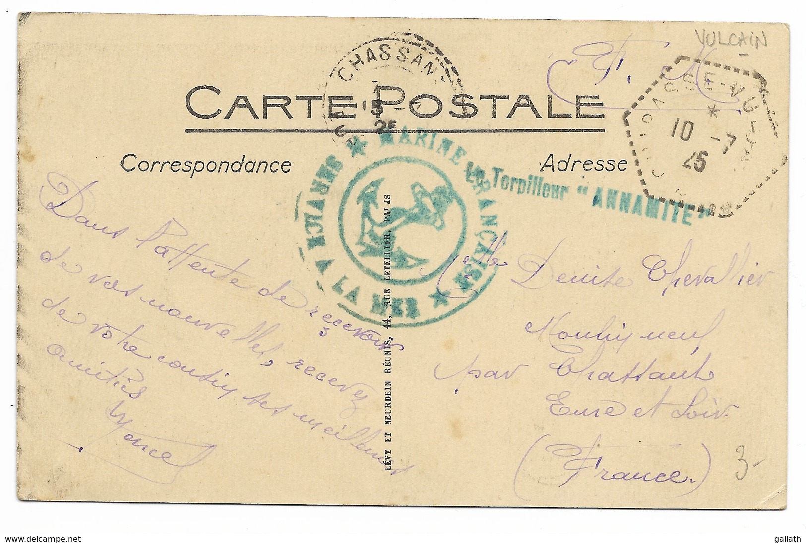 Le Torpilleur "ANNAMITE" Griffe Bleue + Cachet Hexagonal (mal Venu) CUIRASSE-VULCAIN 1925 Sur Carte - Posta Marittima