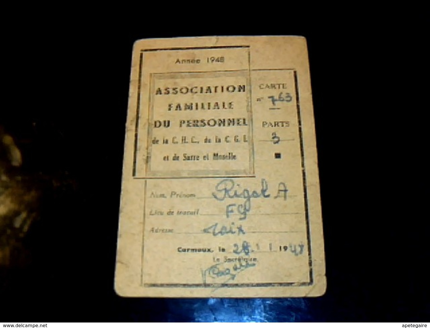 1948 Carnet De Rationnements Carte Association Familiale Du Personnel ChC - CGL Et De Sarre & Moselle - Altri & Non Classificati