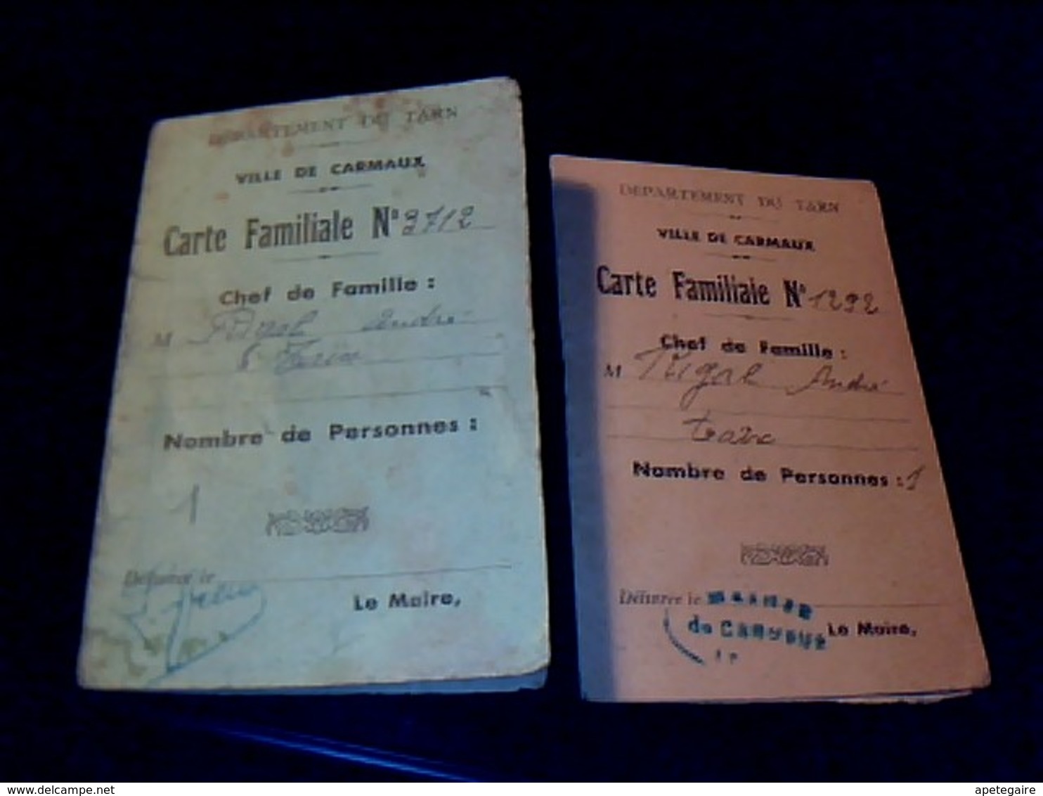 1948 Carnet De Rationnements Cartes Familiales X2   Département Du Tarn Mairie De Carmaux - Altri & Non Classificati