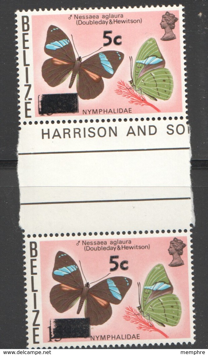 BELIZE  Butterflies 5 &cent; On 15 &cent; Gutter Pair  Sv 386  MMH  ** - Belize (1973-...)