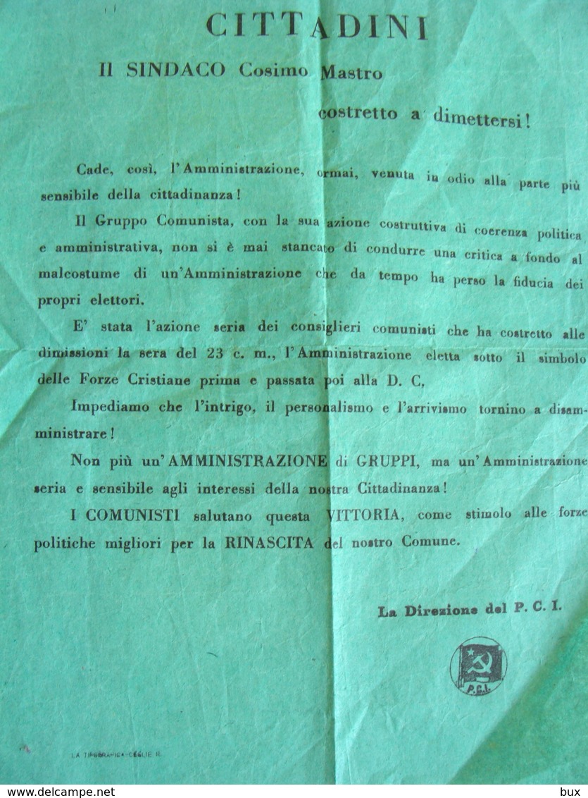 COSIMO MASTRO SINDACO COSTRETTO A DITTERSI  PCI  COMUNISTA  LA TIPOGRAFICA CEGLIE  M  VOLANTINO PARTITO   POLITICA - Manifesti