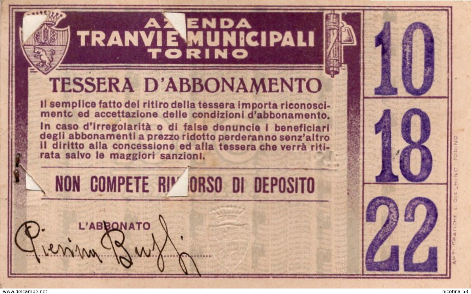 BIGL--00070-- ABBONAMENTO ANNUALE ANNO 1940 - AZIENDA TRANVIE MUNICIPALI DI TORINO  LINEE  10-18-22 - Europa