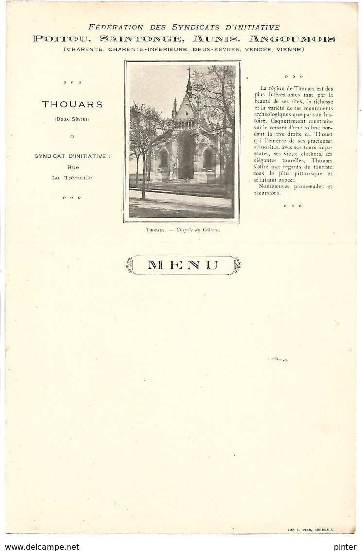 THOUARS - Fédération Des Syndicats D'Initiative Poitou, Saintonge, Aunis, Angoumois - CARTE LETTRE - MENU - Thouars