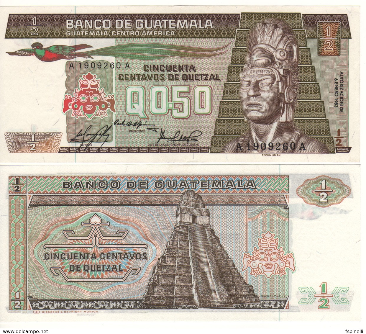 GUATEMALA   1/2  Quetzal   P65   Dated 4.1.1983    UNC - Guatemala