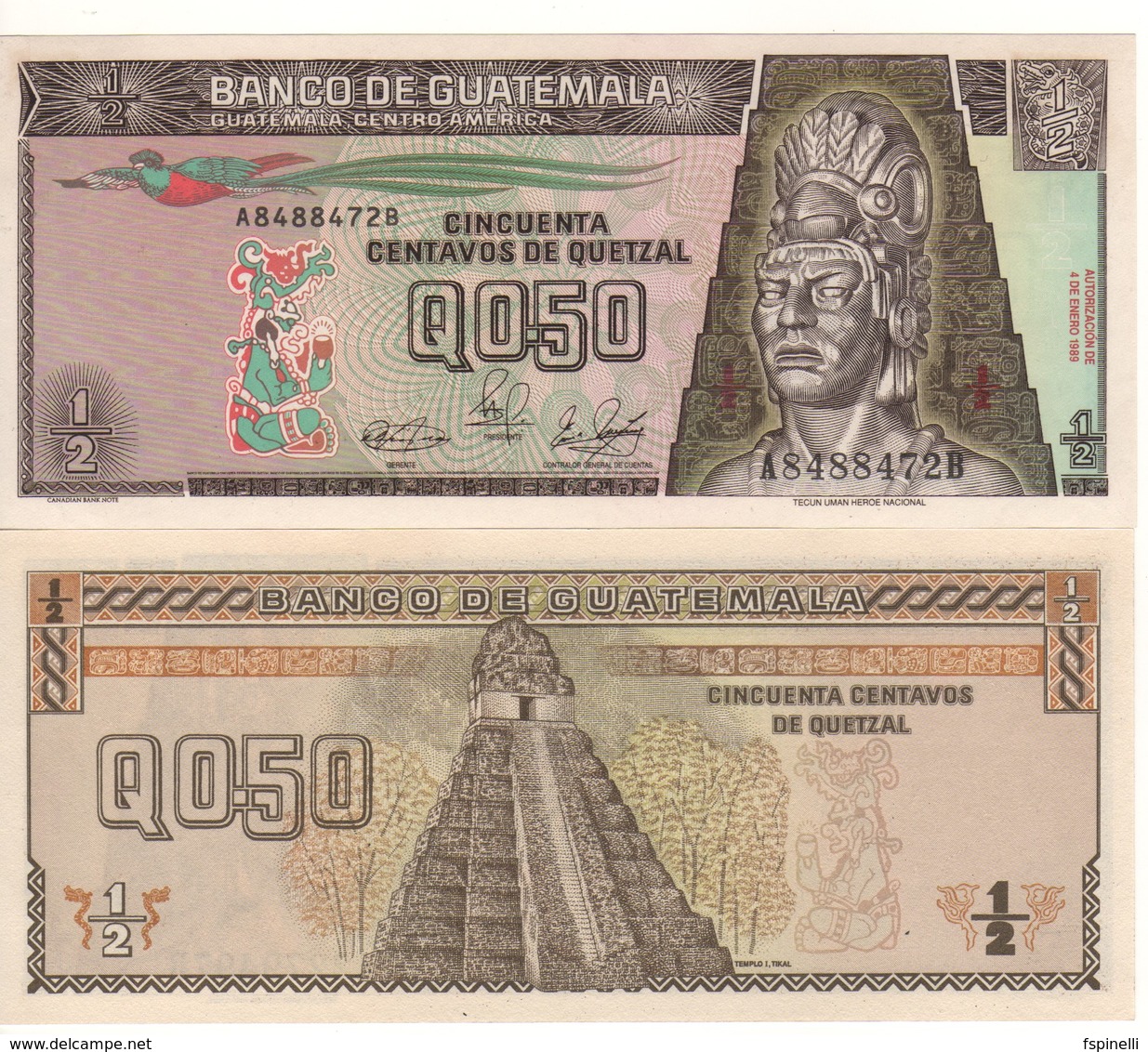 GUATEMALA   1/2  Quetzal   P72a   Dated 4.1.1989    UNC - Guatemala