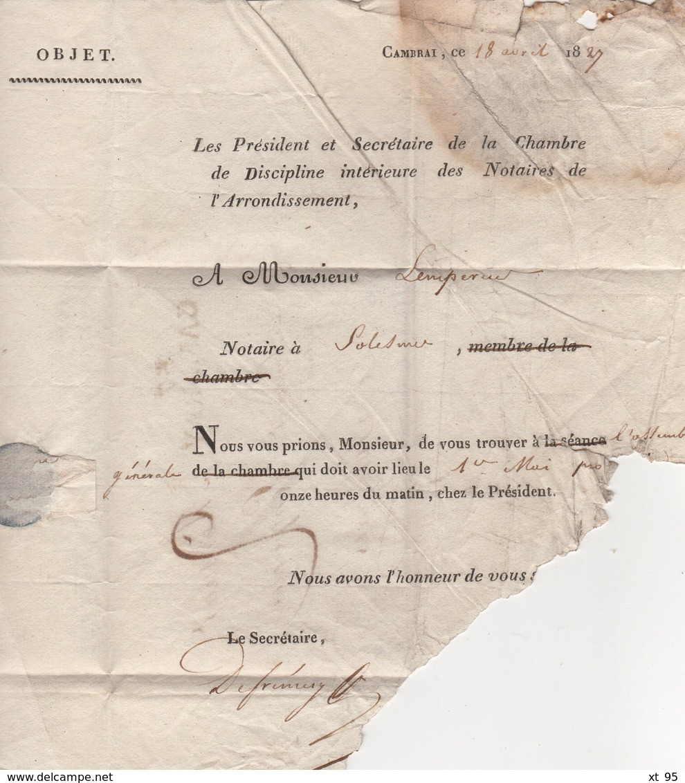 Cambray - 57 - Nord - 1827 - Courrier De La Chambre Des Notaires (incomplet) - 1801-1848: Vorläufer XIX