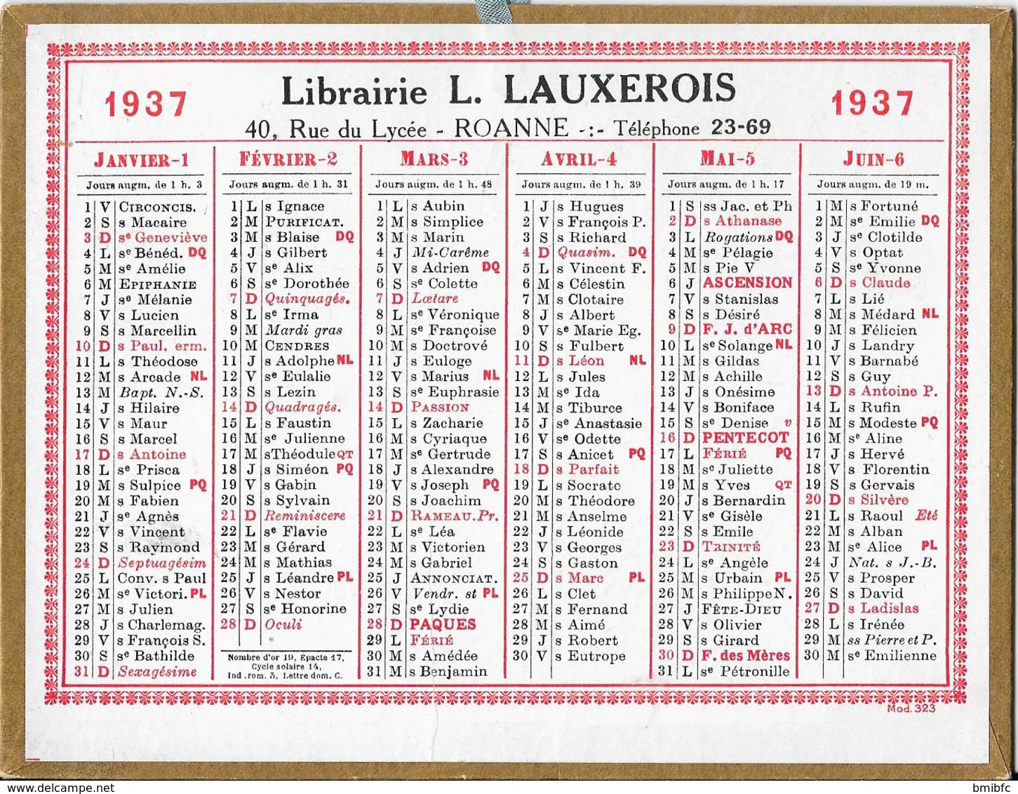 Calendrier Cartonné 1937 - Librairie L. LAUXEROIX 40, Rue Du Lycée ROANNE - Téléphone 23-69 - Grand Format : 1921-40