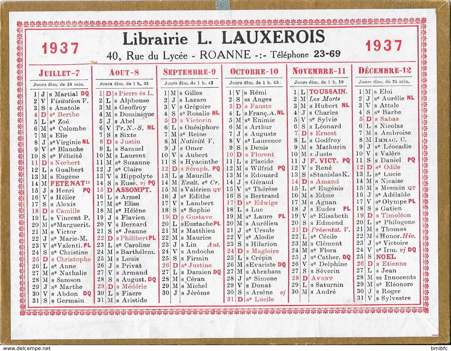 Calendrier Cartonné 1937 - Librairie L. LAUXEROIX 40, Rue Du Lycée ROANNE - Téléphone 23-69 - Grand Format : 1921-40