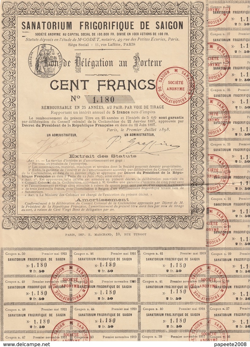 Indochine - Sanatorium Frigorifique De Saigon - Bon De Délégation Au Porteur / 100 Frs / 1898 - RARE - Asie