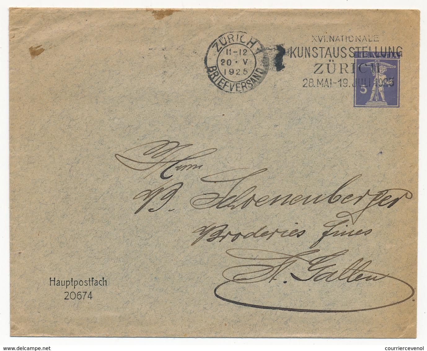 SUISSE - Entier Postal Enveloppe 5c - Mention Imprimée "Hauptpostfach 20674" - Zürich 1925 - Entiers Postaux