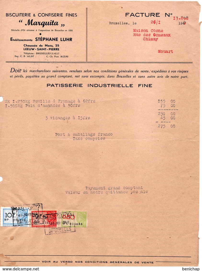 BISCUITERIE ET CONFISERIE FINES - MARQUITA - STEPHANE LUHR - LEEUW-SAINT-PIERRE - CHIMAY - 26 JANVIER 1949. - Alimentare