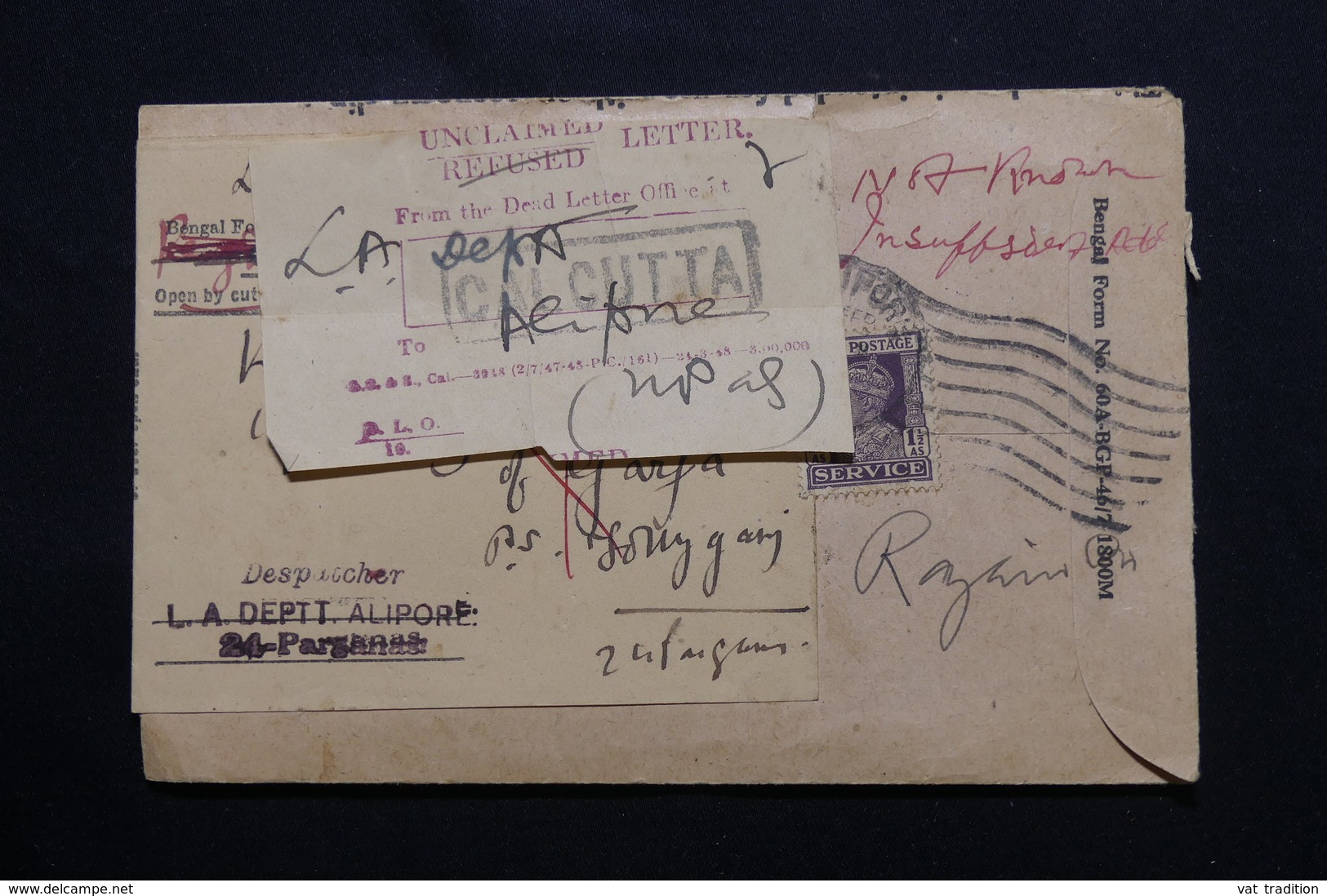 INDE - Enveloppe Avec étiquette De Non Distribution De Calcutta En 1949, à étudier - L 54392 - Cartas & Documentos