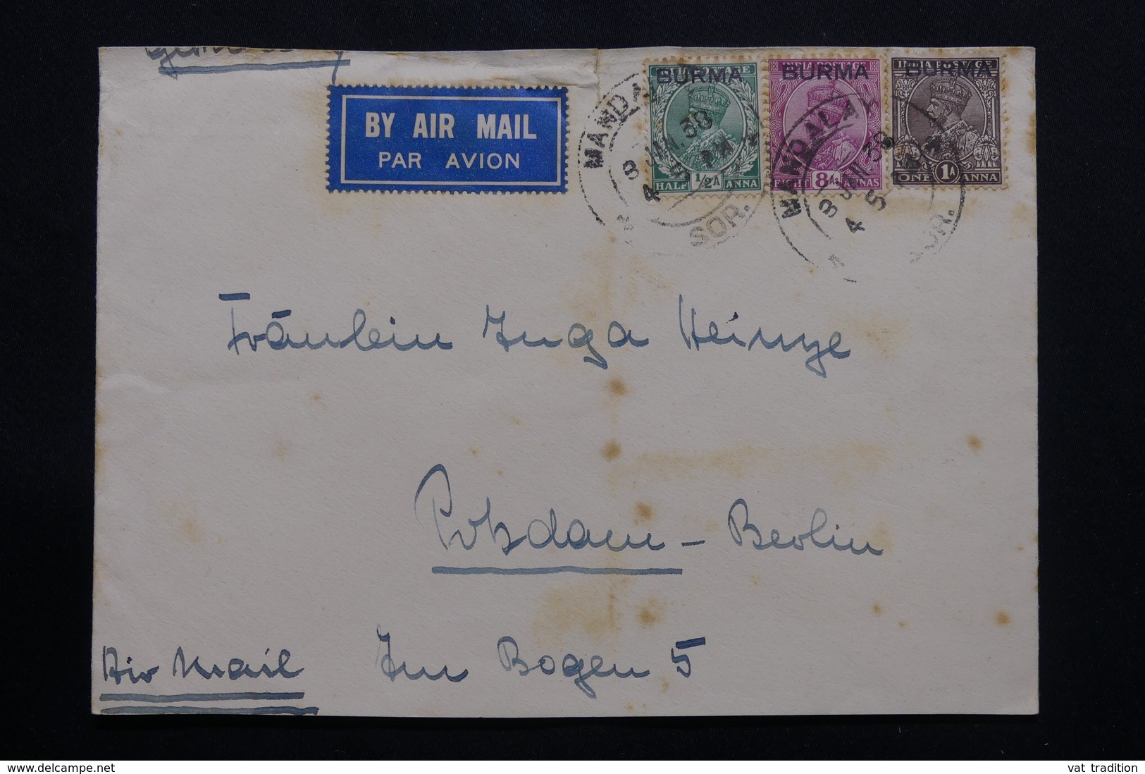 BIRMANIE - Enveloppe De Mandalay Pour L'Allemagne En 1938 Par Avion,affranchissement Plaisant - L 54397 - Burma (...-1947)