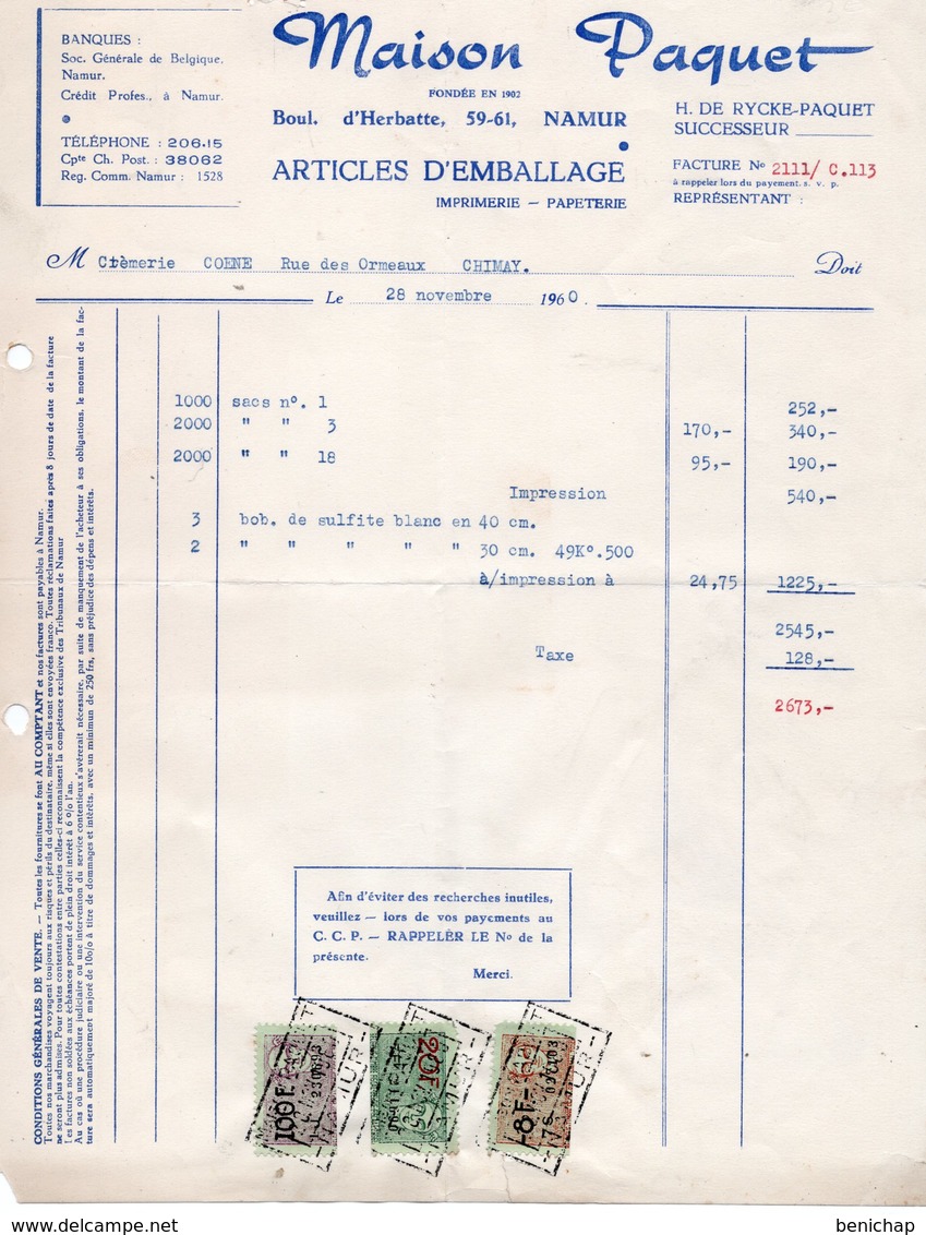 MAISON PAQUET - ARTICLES D'EMBALLAGE - NAMUR - CHIMAY - 28 NOVEMBRE 1960. - Drukkerij & Papieren