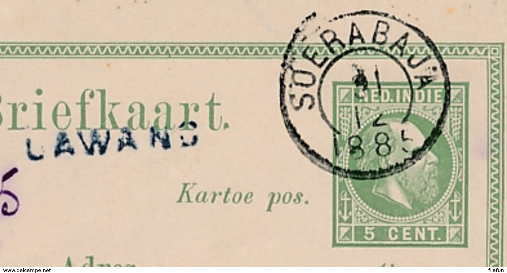 Nederlands Indië - 1885 - 5 Cent Willem III, Briefkaart G6 Van Langstempel LAWANG Naar Soerabaja - Niederländisch-Indien