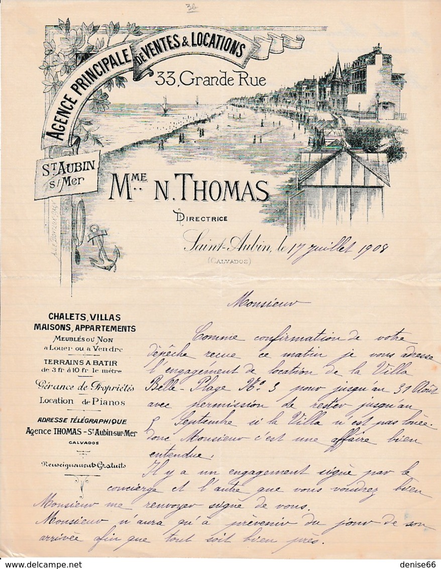 1908 SAINT-AUBIN-sur-MER - Agence Principale De Ventes & Locations - Mme N. THOMAS - Historische Dokumente