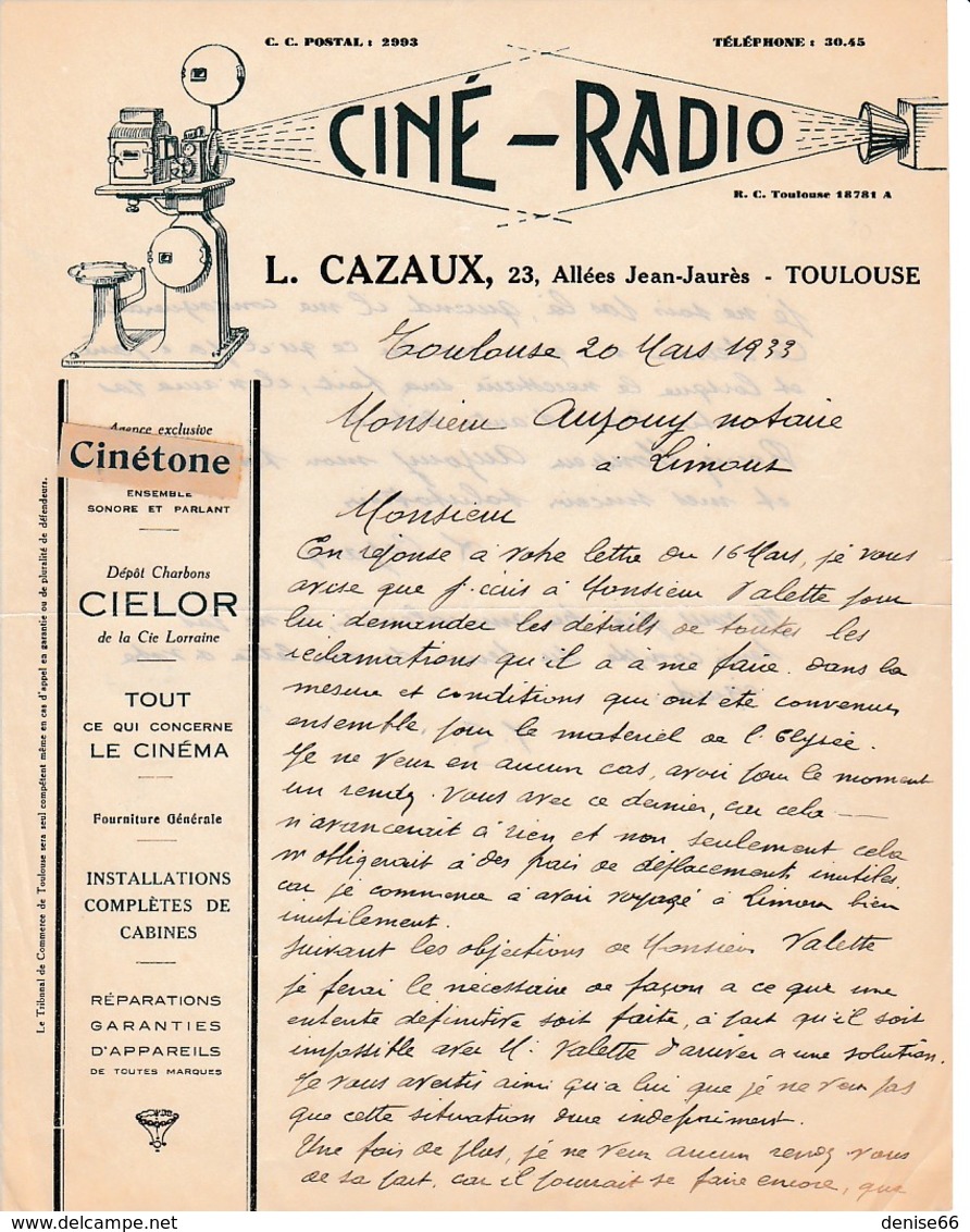 1933 TOULOUSE - CINÉ-RADIO - Maison L. CAZAUX - Tout Ce Qui Concerne Le Cinéma - - Documenti Storici