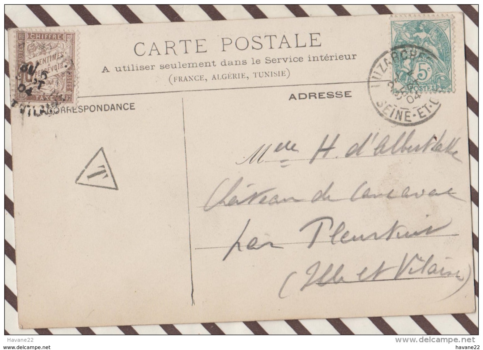 4AF765 Au Dos LUZARCHES PROPIETE BROCA 2 SCANS 1904 TIMBRE TAXE - 1877-1920: Période Semi Moderne