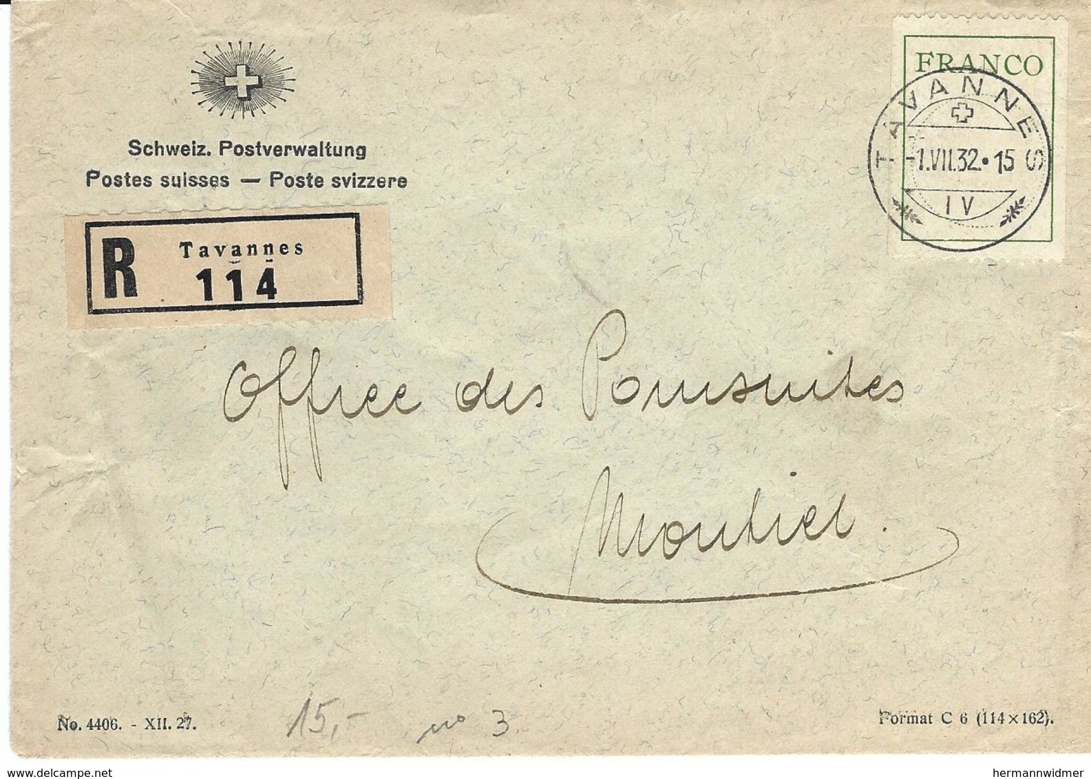 FR 3, étiquette Franco, Obl. Tavannes 1.VII.32, Post & Telegraphenverwaltung, Recommandé. - Lettres & Documents