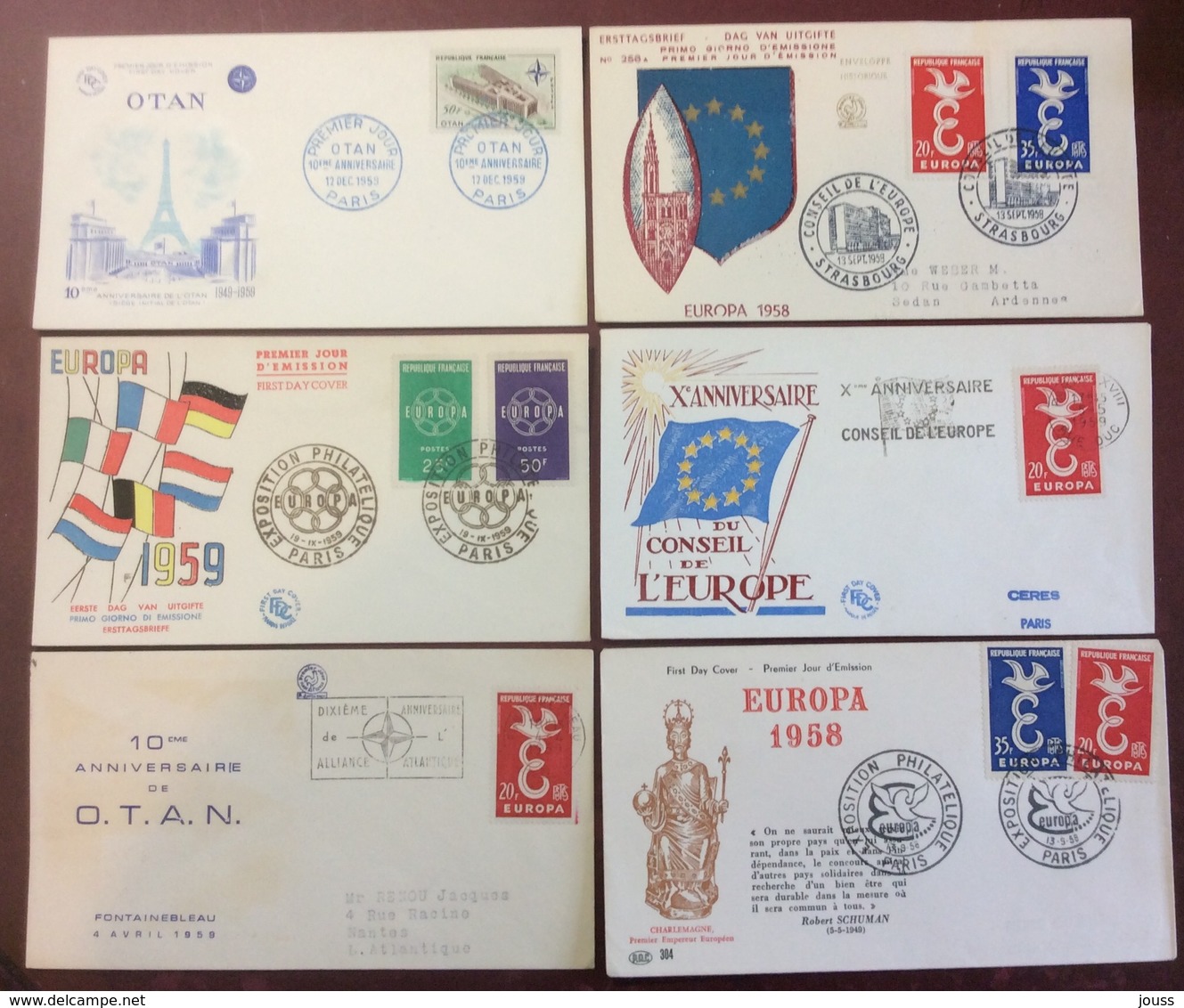 00163 Europa 1173 1174 + 1218 1219 + OTAN 1228 FDC Premier Jour 1958 1959 Lot 6 Lettre - 1950-1959