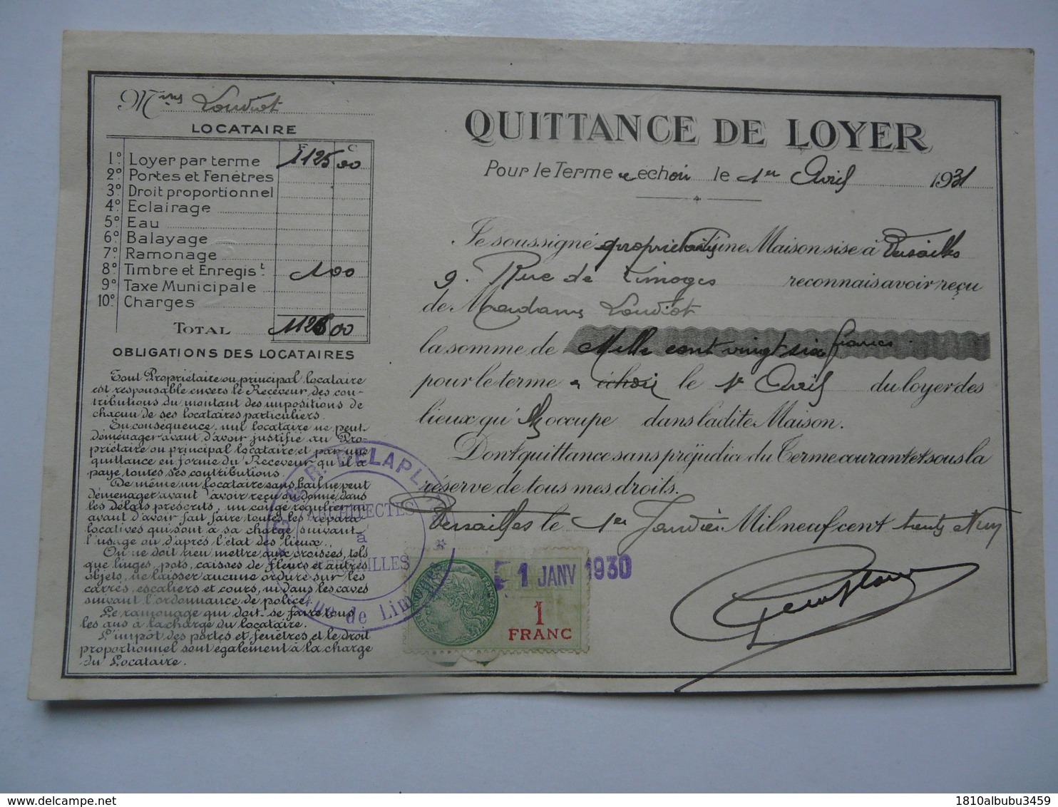 VIEUX PAPIERS - QUITTANCE DE LOYER - Mme LOUVIOT Locataire - Rue De Limoges - Avril 1931 - Versailles - 1900 – 1949