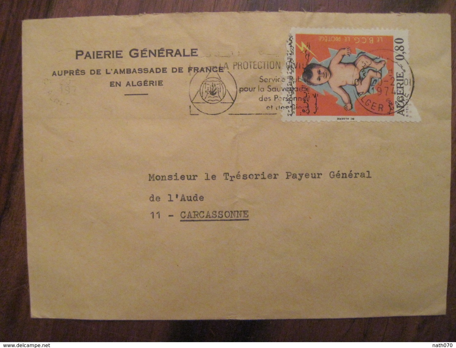 ALGERIE 1974 Lettre Enveloppe Cover Alger CARCASSONNE France Ambassade Tresorerie - Argelia (1962-...)