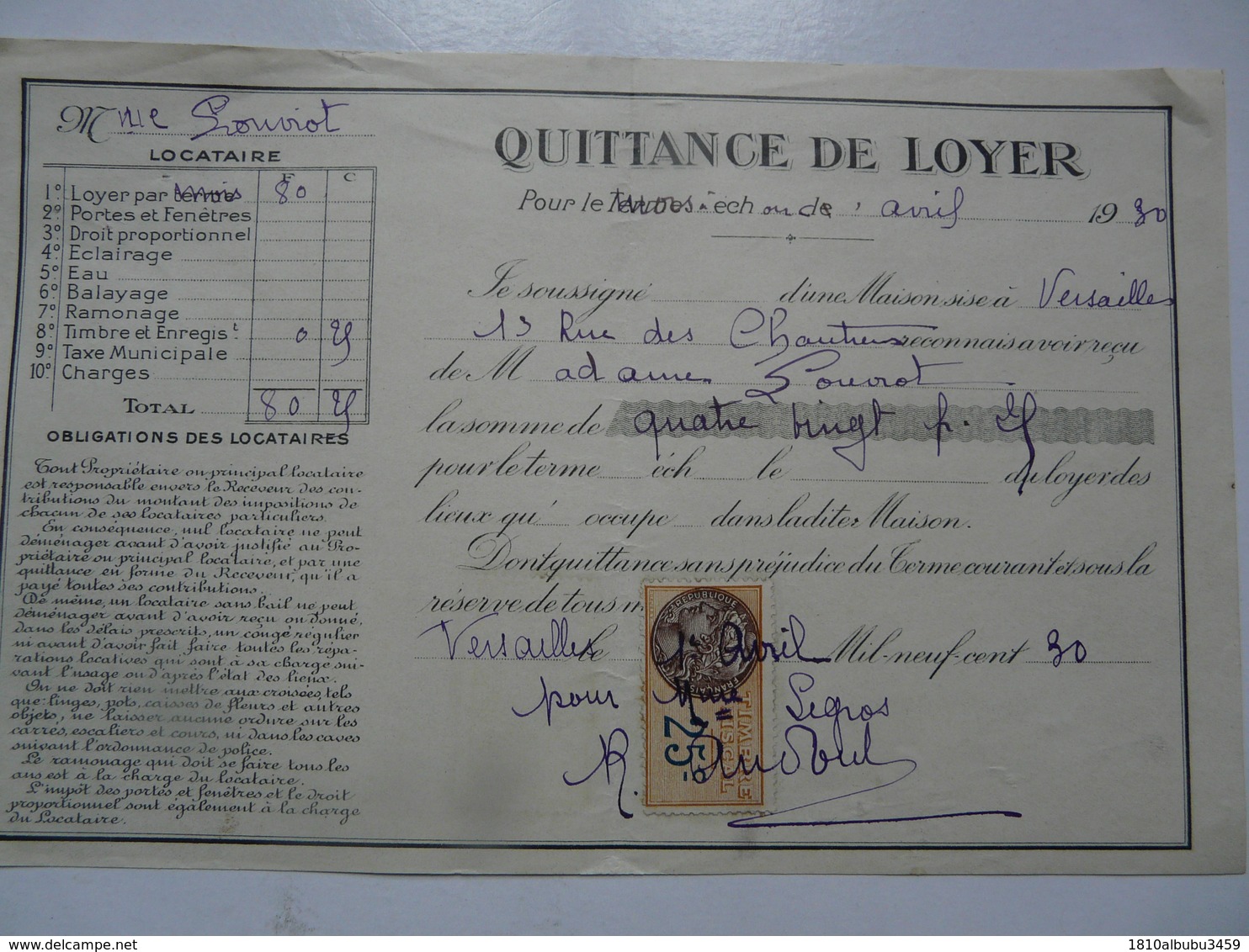 VIEUX PAPIERS - QUITTANCE DE LOYER - Mme LOUVIOT Locataire - Rue Des Chantiers - Avril 1930 - Versailles - 1900 – 1949