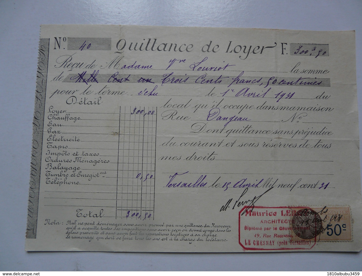 VIEUX PAPIERS - QUITTANCE DE LOYER - Mme LOUVIOT Locataire - Rue Dangeau- Avril 1931 - Versailles - 1900 – 1949